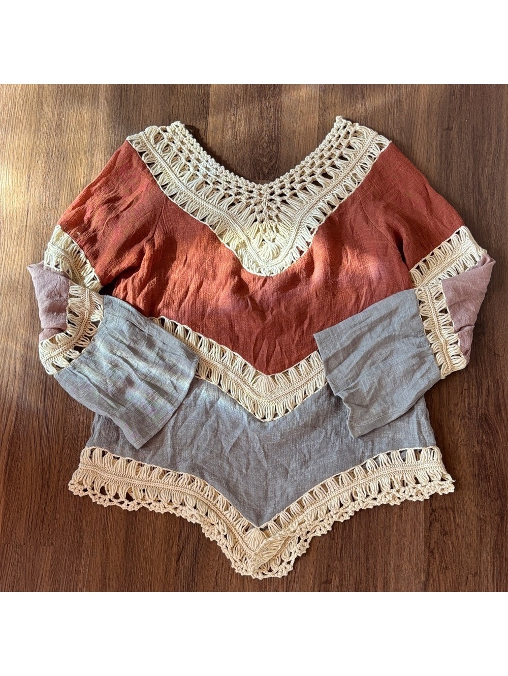 💕Bohemian Crochet Trim Color block Women’s Top V Neck Festival Concert